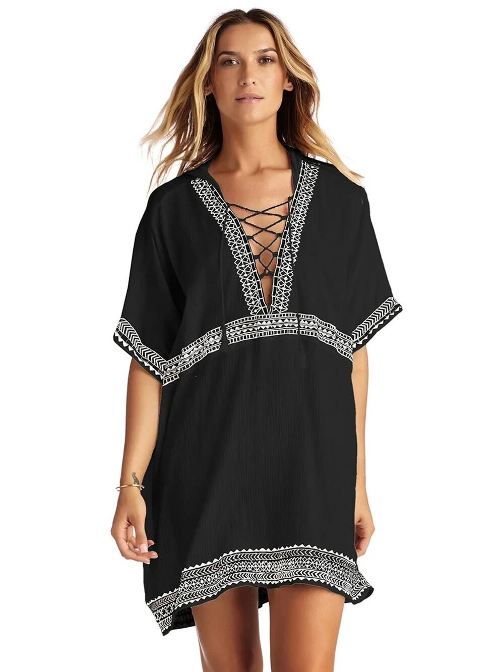 Vitamin A Isabell Short Gauze Caftan Cover Up Black XS Small New